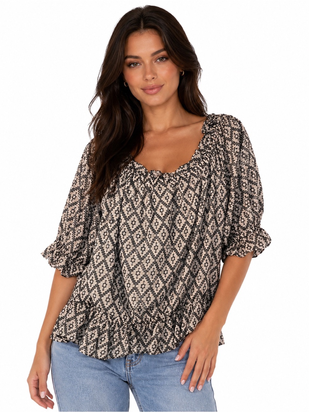 The Limited Black & White Peasant Blouse with Geo Print - 0518